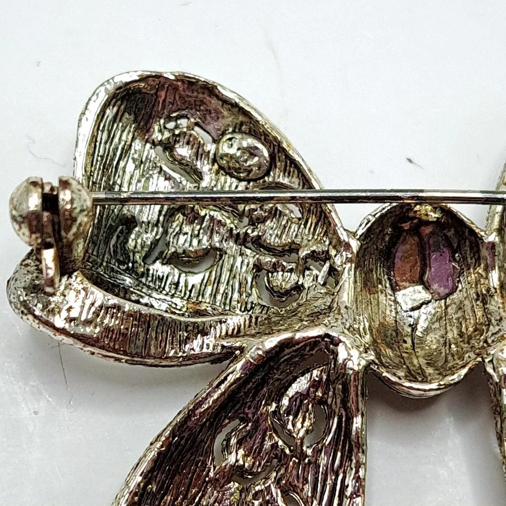 Vintage‎ Silver Tone Bow Brooch Marcasite Style Rhinestone Filigree Pin 2.5